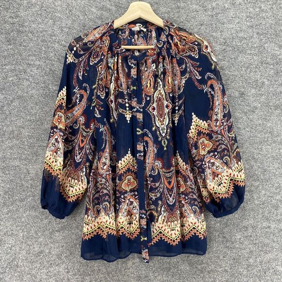 5/$45 Cato Blouse Women S Small Blue Geometric Crew Neck Tasseled Long Sleeve - Picture 1 of 10